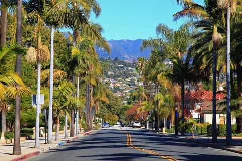 Mountains at the background in historic downtown of Santa Barbara, California CA, USA.