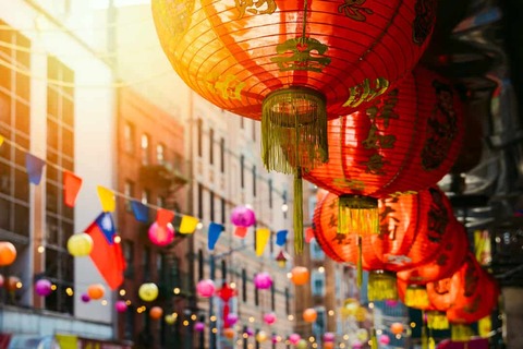 Red Chinese lantern in Chinatown in New York city, USA. Festive decoration for Chinese New Year celebration