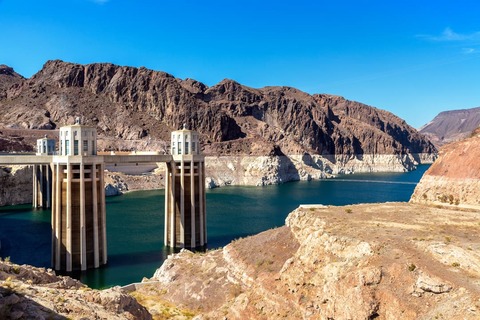 Hoover Dam and penstock towers in Colorado river at Nevada and Arizona border, USA