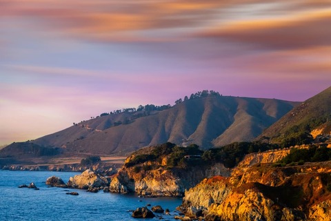 view of the Big Sur coastline in California, seascape at sunset