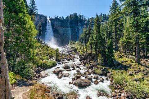 View of Nevada Mountains and Falls from the Mist Trail in Yosemite National Park.